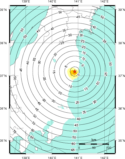 緊急地震速報第1報提供から主要動到達までの時間及び推計震度分布図