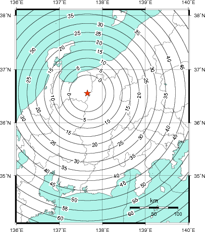 緊急地震速報第1報提供から主要動到達までの時間及び推計震度分布図