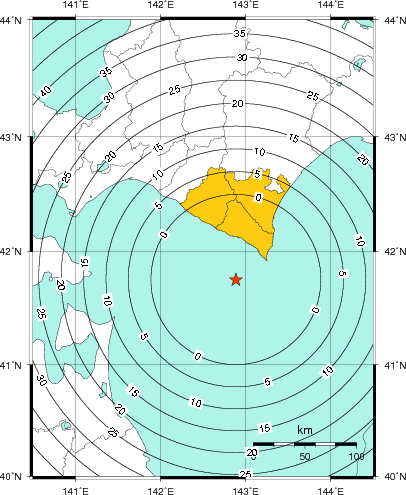 緊急地震速報（警報）第1報を発表した地域及び主要動到達までの時間