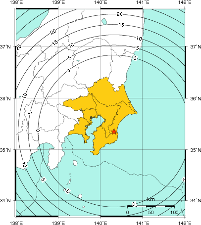 緊急地震速報（警報）第1報を発表した地域及び主要動到達までの時間