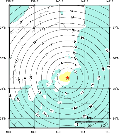 緊急地震速報第1報提供から主要動到達までの時間及び推計震度分布図