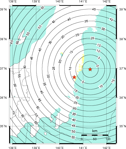 緊急地震速報第1報提供から主要動到達までの時間及び推計震度分布図