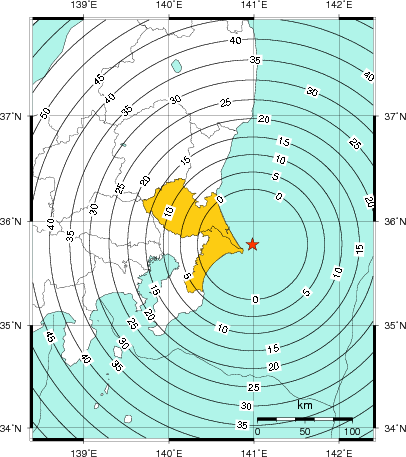 緊急地震速報（警報）第1報を発表した地域及び主要動到達までの時間