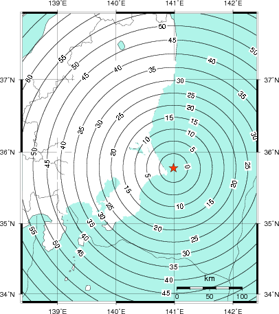緊急地震速報第1報提供から主要動到達までの時間及び推計震度分布図