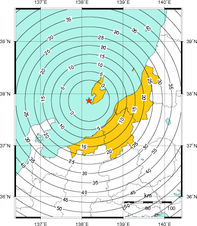 緊急地震速報（警報）第1報を発表した地域及び主要動到達までの時間