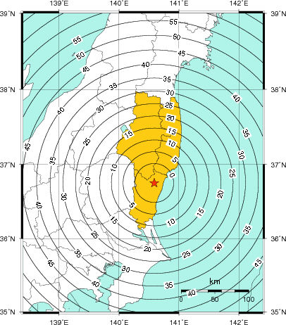 緊急地震速報（警報）第1報を発表した地域及び主要動到達までの時間