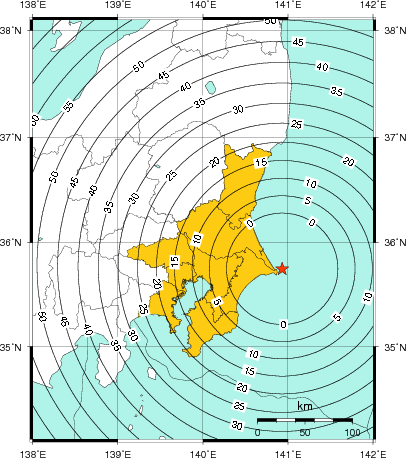 緊急地震速報（警報）第1報を発表した地域及び主要動到達までの時間