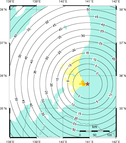 緊急地震速報第1報提供から主要動到達までの時間及び推計震度分布図