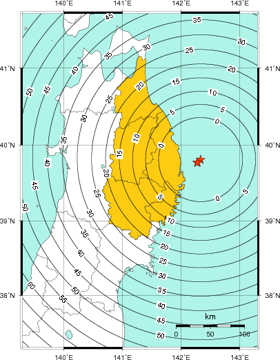 緊急地震速報（警報）第1報を発表した地域及び主要動到達までの時間