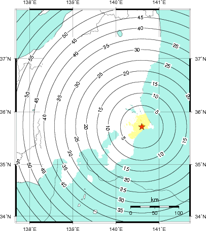 緊急地震速報第1報提供から主要動到達までの時間及び推計震度分布図