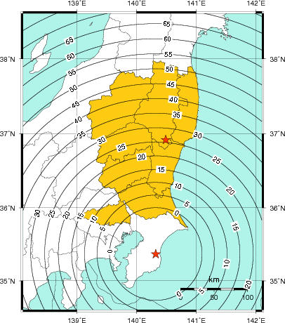 緊急地震速報（警報）第1報を発表した地域及び主要動到達までの時間