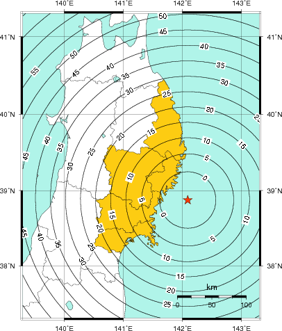 緊急地震速報（警報）第1報を発表した地域及び主要動到達までの時間