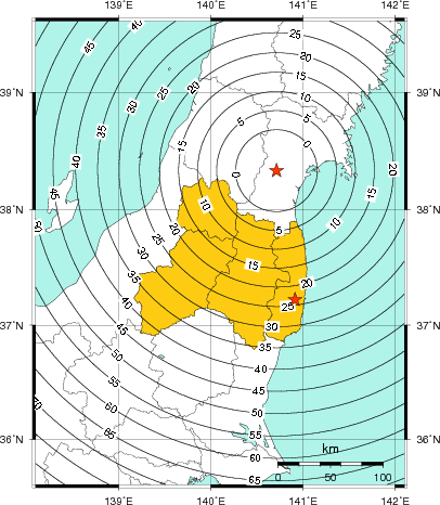 緊急地震速報（警報）第1報を発表した地域及び主要動到達までの時間