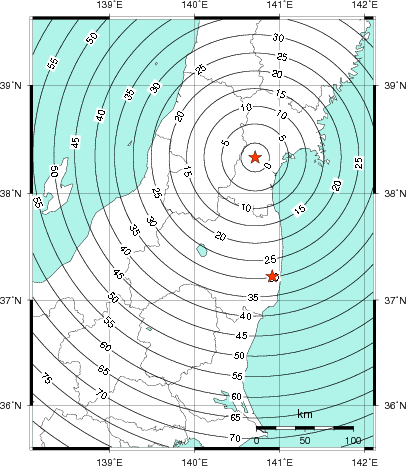 緊急地震速報第1報提供から主要動到達までの時間及び推計震度分布図