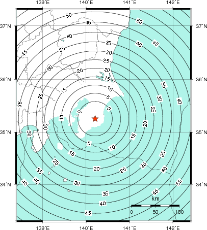 緊急地震速報第1報提供から主要動到達までの時間及び推計震度分布図