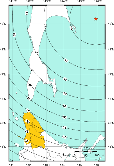 緊急地震速報（警報）第1報を発表した地域及び主要動到達までの時間