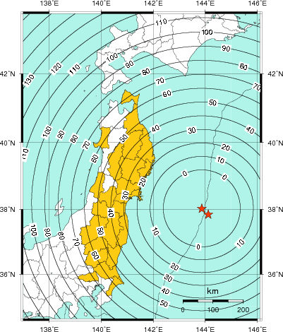 緊急地震速報（警報）第1報を発表した地域及び主要動到達までの時間