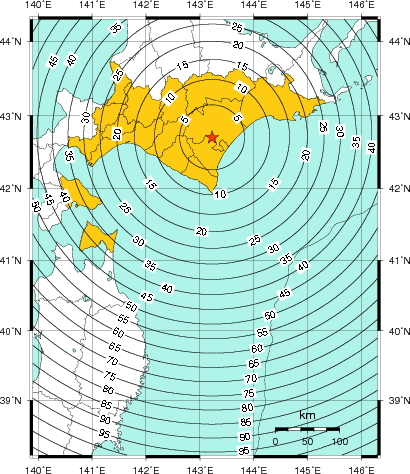 緊急地震速報（警報）第1報を発表した地域及び主要動到達までの時間