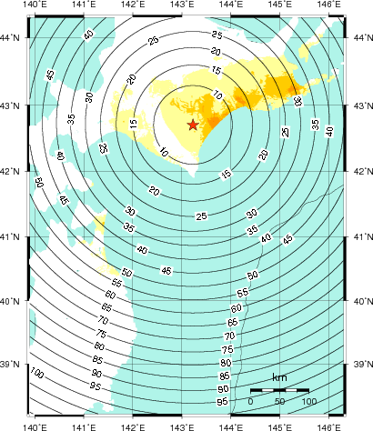 緊急地震速報第1報提供から主要動到達までの時間及び推計震度分布図