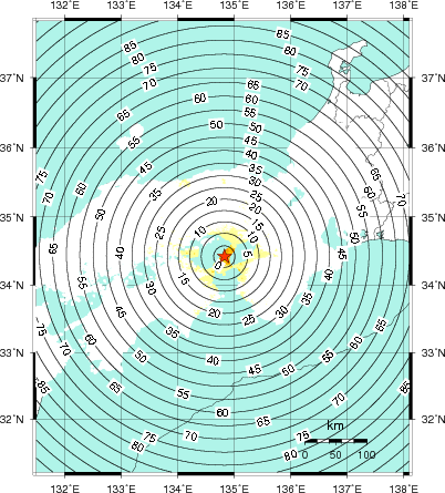 緊急地震速報第1報提供から主要動到達までの時間及び推計震度分布図
