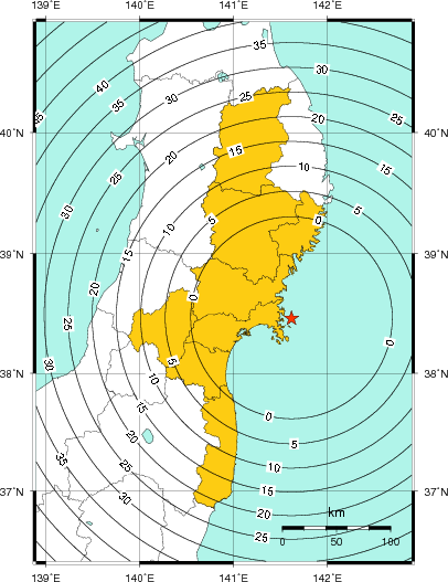 緊急地震速報（警報）第1報を発表した地域及び主要動到達までの時間