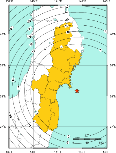 緊急地震速報（警報）第1報を発表した地域及び主要動到達までの時間