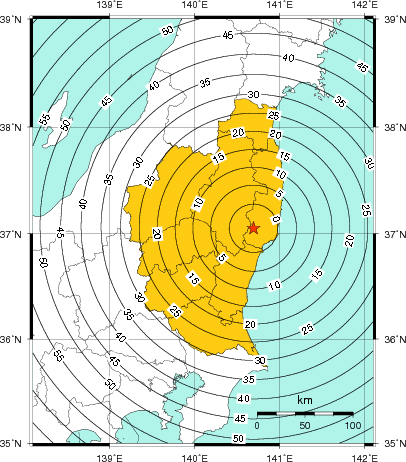 緊急地震速報（警報）第1報を発表した地域及び主要動到達までの時間