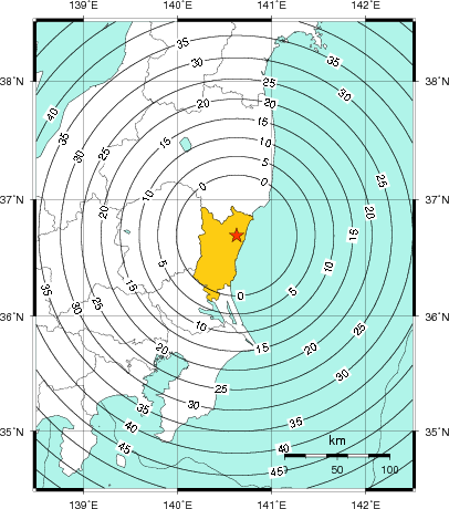 緊急地震速報（警報）第1報を発表した地域及び主要動到達までの時間