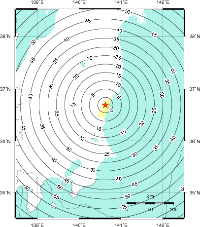 緊急地震速報第1報提供から主要動到達までの時間及び推計震度分布図