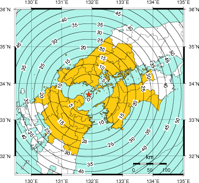 緊急地震速報（警報）第1報を発表した地域及び主要動到達までの時間