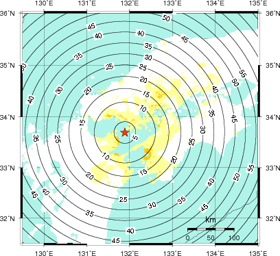 緊急地震速報第1報提供から主要動到達までの時間及び推計震度分布図