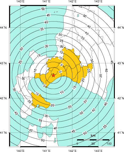 緊急地震速報（警報）第1報を発表した地域及び主要動到達までの時間