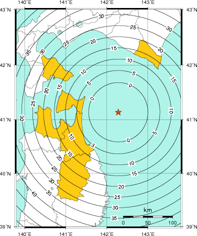 緊急地震速報（警報）第1報を発表した地域及び主要動到達までの時間