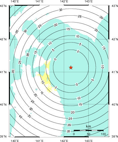 緊急地震速報第1報提供から主要動到達までの時間及び推計震度分布図