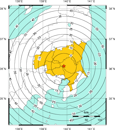 緊急地震速報（警報）第1報を発表した地域及び主要動到達までの時間