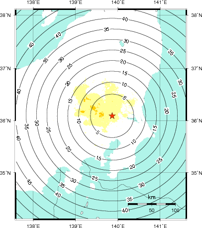 緊急地震速報第1報提供から主要動到達までの時間及び推計震度分布図