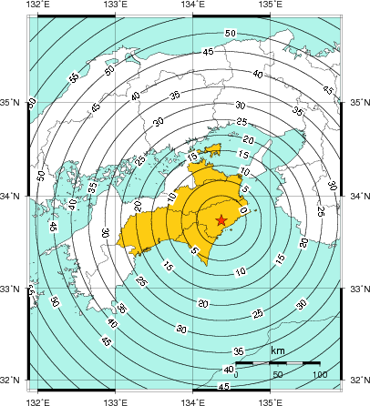 緊急地震速報（警報）第1報を発表した地域及び主要動到達までの時間