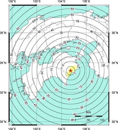 緊急地震速報第1報提供から主要動到達までの時間及び推計震度分布図