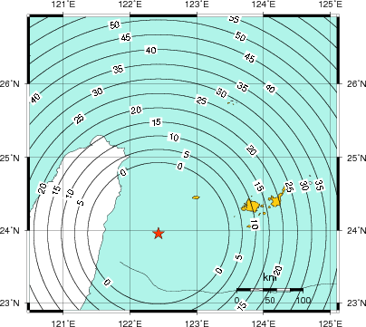 緊急地震速報（警報）第1報を発表した地域及び主要動到達までの時間