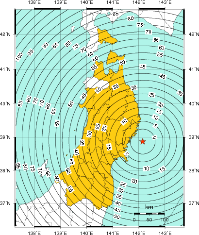 緊急地震速報（警報）第1報を発表した地域及び主要動到達までの時間