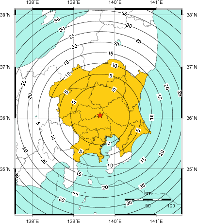 緊急地震速報（警報）第1報を発表した地域及び主要動到達までの時間