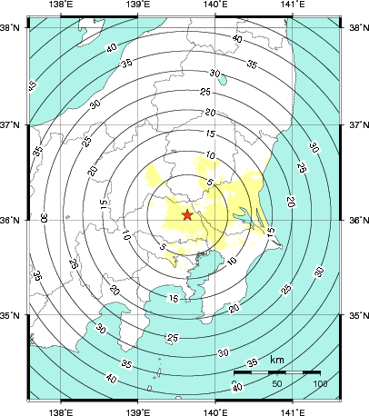 緊急地震速報第1報提供から主要動到達までの時間及び推計震度分布図