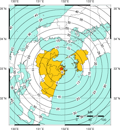 緊急地震速報（警報）第1報を発表した地域及び主要動到達までの時間