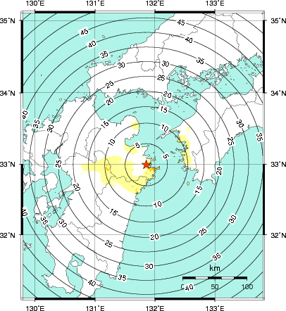 緊急地震速報第1報提供から主要動到達までの時間及び推計震度分布図