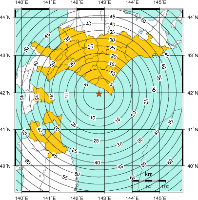 緊急地震速報（警報）第1報を発表した地域及び主要動到達までの時間