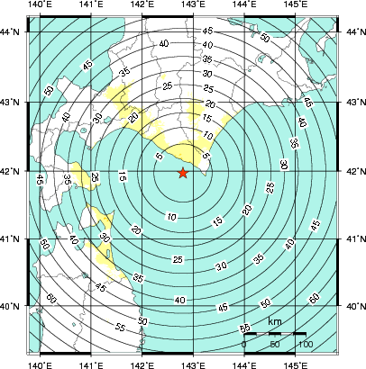 緊急地震速報第1報提供から主要動到達までの時間及び推計震度分布図