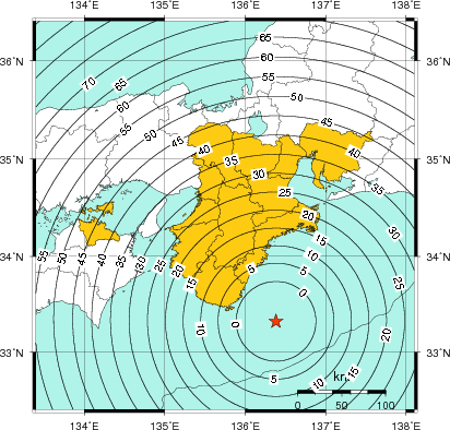 緊急地震速報（警報）第1報を発表した地域及び主要動到達までの時間