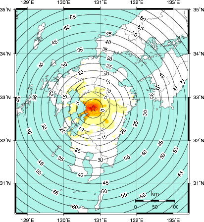 緊急地震速報第1報提供から主要動到達までの時間及び推計震度分布図