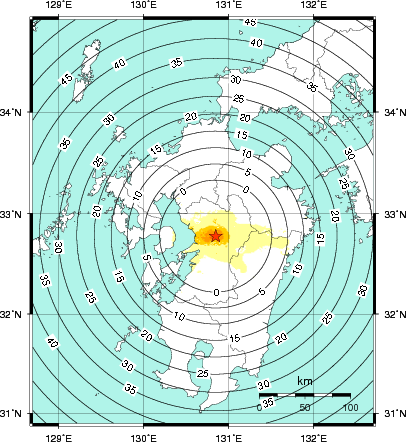 緊急地震速報第1報提供から主要動到達までの時間及び推計震度分布図