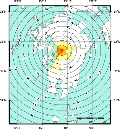 緊急地震速報第1報提供から主要動到達までの時間及び推計震度分布図